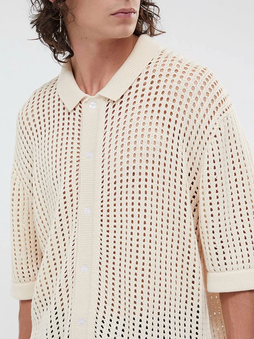 Pacsun White Open Knit BUTTON SHIRT 2.0 Woven Camp short Sleeves Collared Mens M